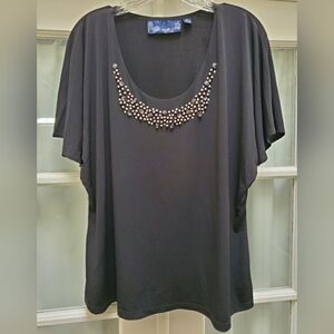 EUC Susan Graver Women's Black Short Sleeve Top with Embellishments - Size XL